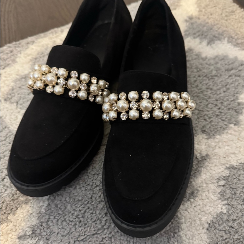 Black  suede Loafers with Pearl Embellishments., New in box